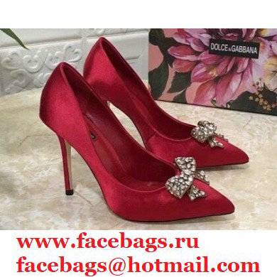 Dolce & Gabbana Heel 10.5cm Satin Pumps Red with Crystal Bow 2021